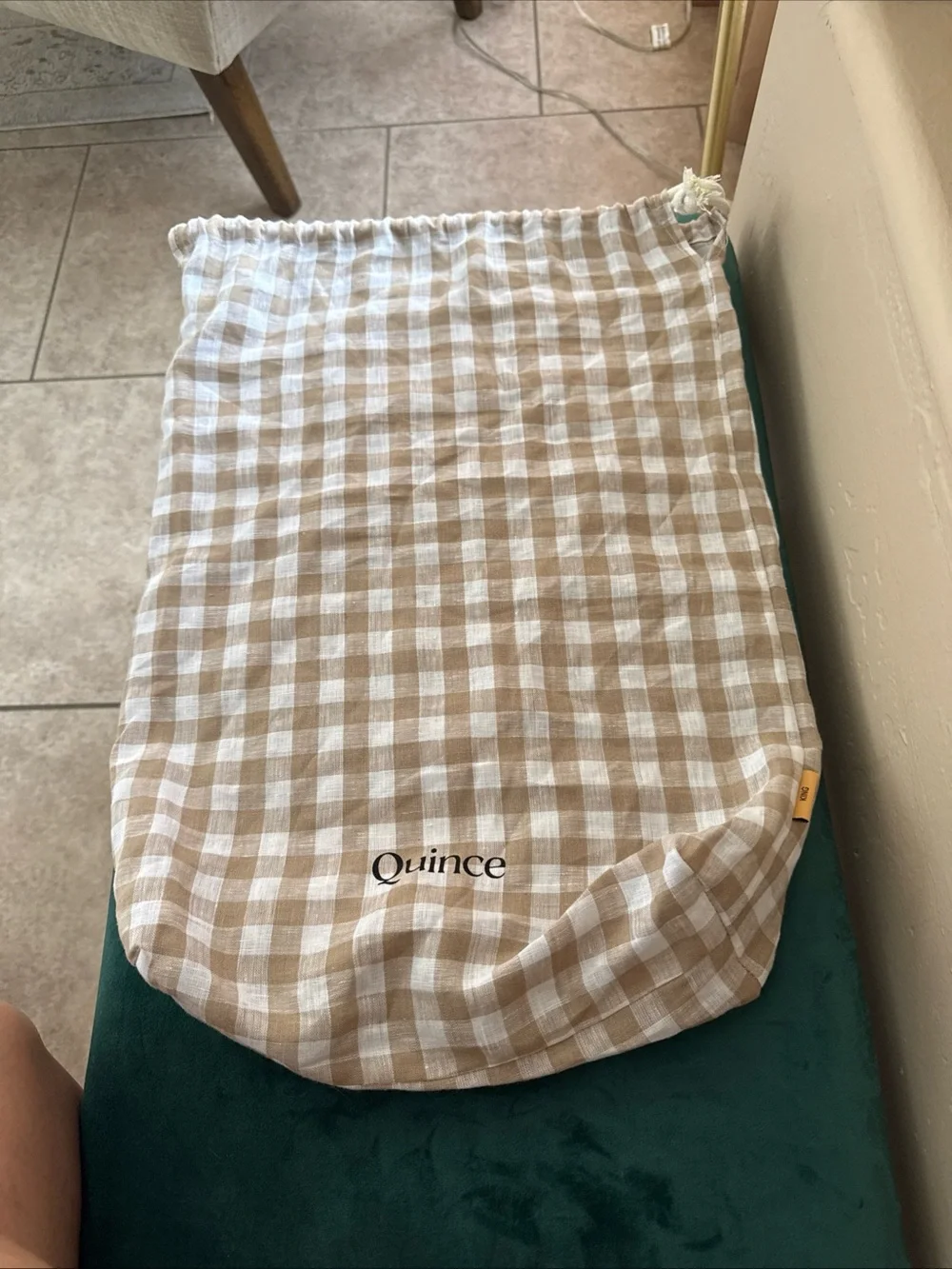 Quince Beige Gingham Linen Drawstring Sheets Purse  Bag King